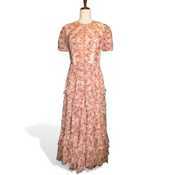 Mac Duggal High Neck Floral Mesh Ruffle Maxi Dress – Pink/Cream – Size 8 - Picture 3 of 17